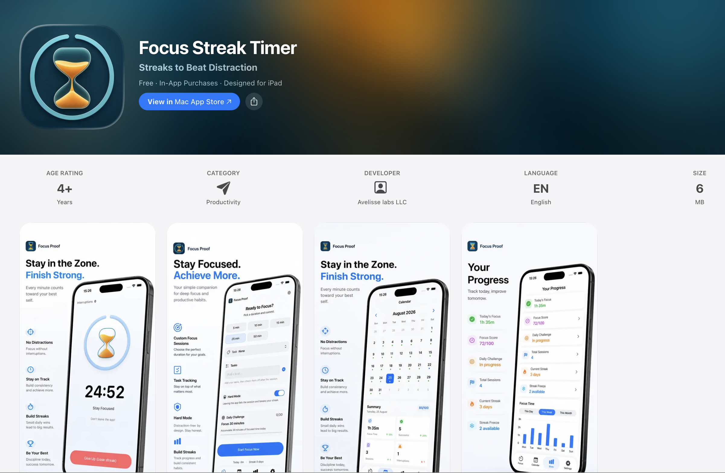 Focus Streak Timer App Store listing showing the app icon, productivity category, age rating, and screenshots for deep work timer sessions, focus streaks, task tracking, calendar proof, and progress score
